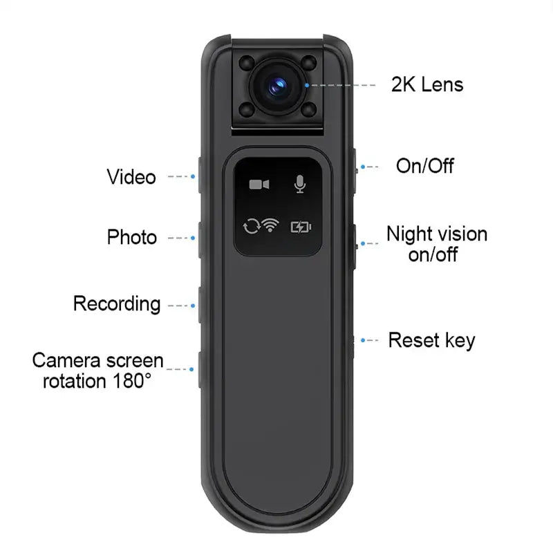 Portable Mini Camera with 2K lens, controls for video, photo, night vision, and reset function.