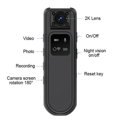Portable Mini Camera with 2K lens, controls for video, photo, night vision, and reset function.
