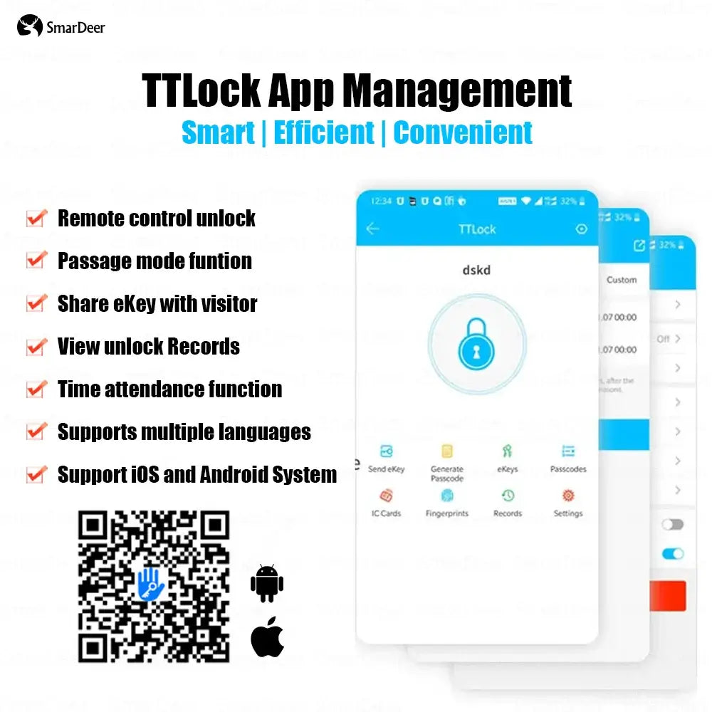 TTLock App management features: remote unlock, passage mode, eKey sharing, unlock records, multilingual support, iOS and Android compatibility.