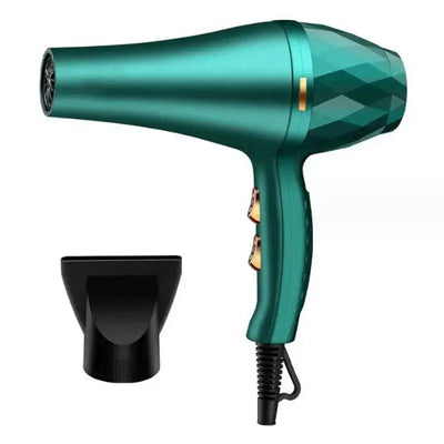 Professional 1200W/2200W hair dryer in teal color with nozzle attachment, ideal for salon use and quick hair drying.