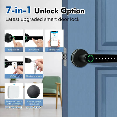 7-in-1 upgraded smart door lock with fingerprint, password, phone app, IC card, mechanical key, and voice control options.