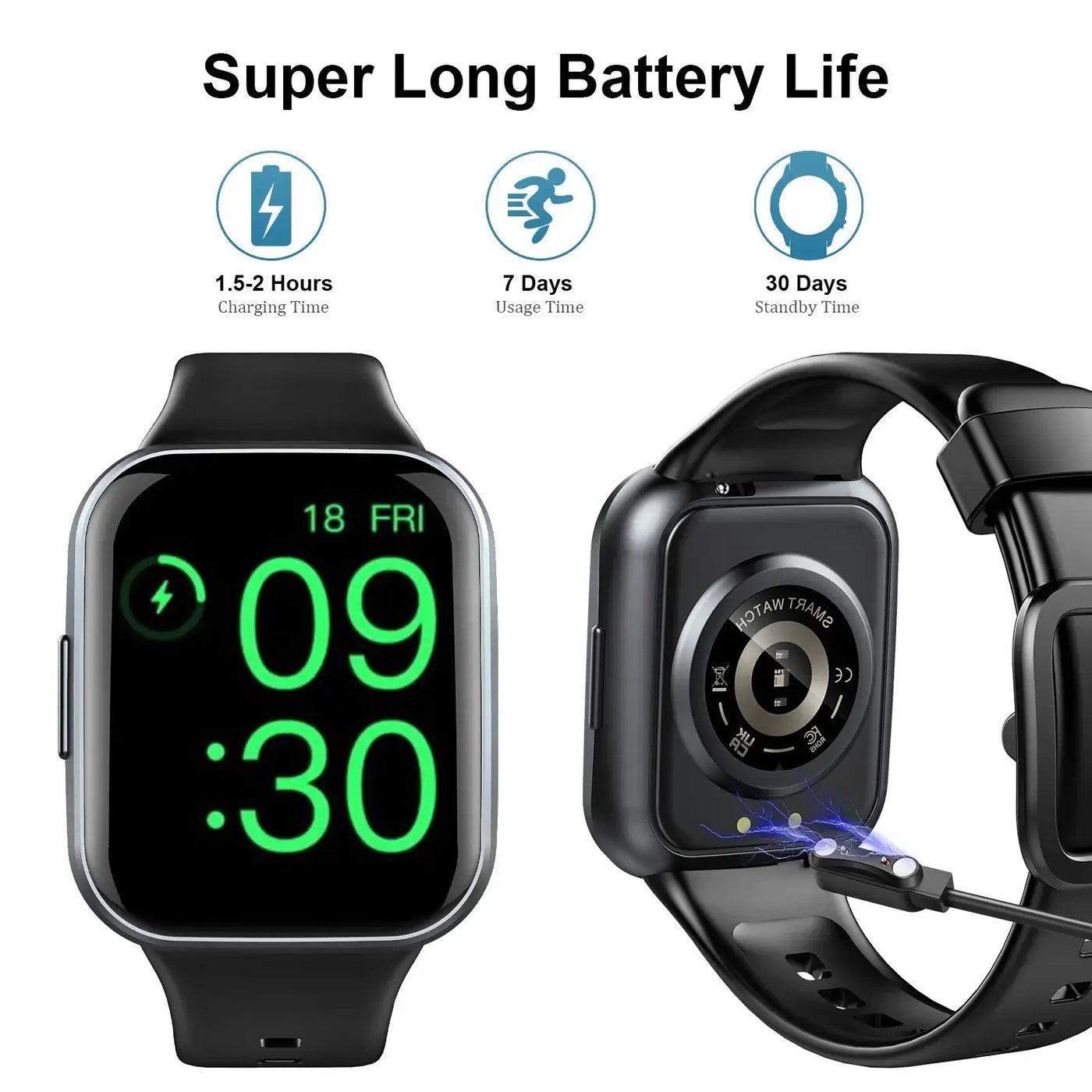 Smart watch with battery life details showing 7 days usage and 30 days standby on a black strap.