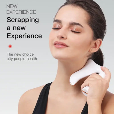 Woman using Electric Fascial Knife for facial and neck massage enhancing relaxation and health.
