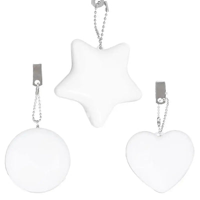LED handbag lights in heart, star, and round shapes with keychain clips, ideal for purses and night lighting.