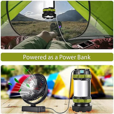 LED camping lantern used as power bank inside tent, providing light and charging device for outdoor activities.