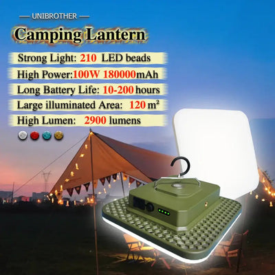 Unibrother camping lantern features 210 LED beads, 100W power, 180000mAh battery, and 2900 lumens for outdoor lighting.