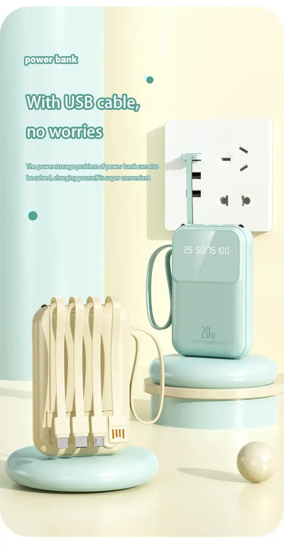 Portable power bank with USB cables, showing digital display and charging function on a stylish background.