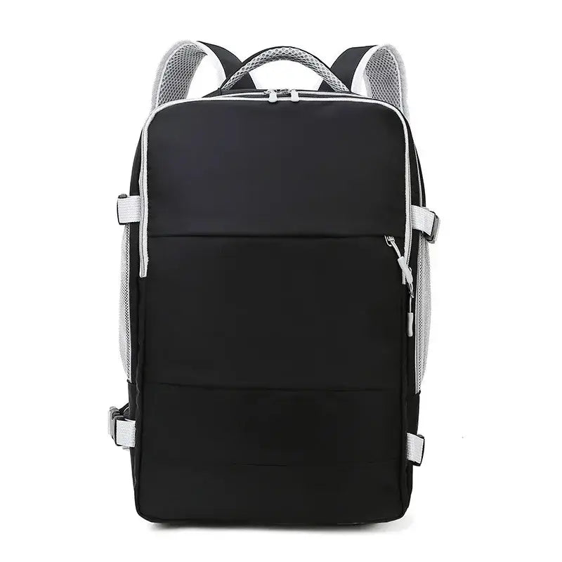 Black waterproof travel backpack for women with large capacity, anti-theft design, and USB charging port.