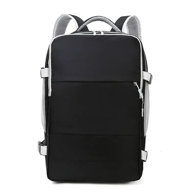 Black waterproof travel backpack for women with large capacity, anti-theft design, and USB charging port.