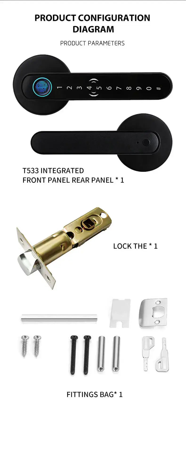 Configuration diagram showing Kingku smart fingerprint door lock components, including front panel, lock mechanism, and fittings.