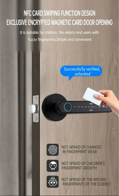 NFC card swiping function electronic door lock, designed for easy access for children and elderly, featuring simple unlocking.