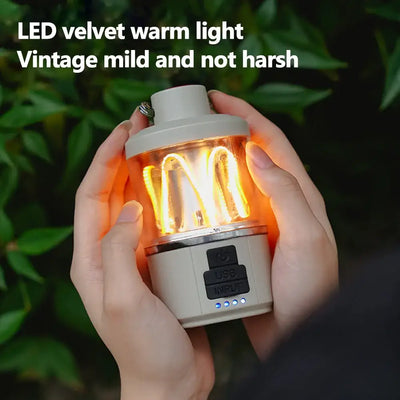 LED camping lantern with warm light, USB input, multi-functional and portable for outdoor use.