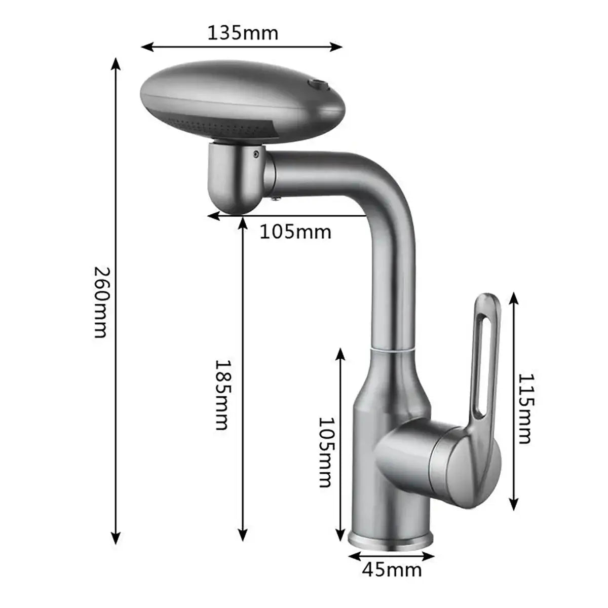 Multi-functional stainless steel waterfall basin faucet with dimensions for 360° rotation and 4 water outlet modes.