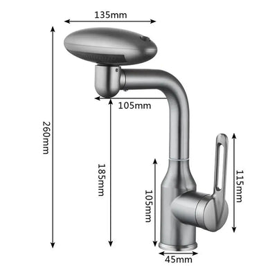 Multi-functional stainless steel waterfall basin faucet with dimensions for 360° rotation and 4 water outlet modes.