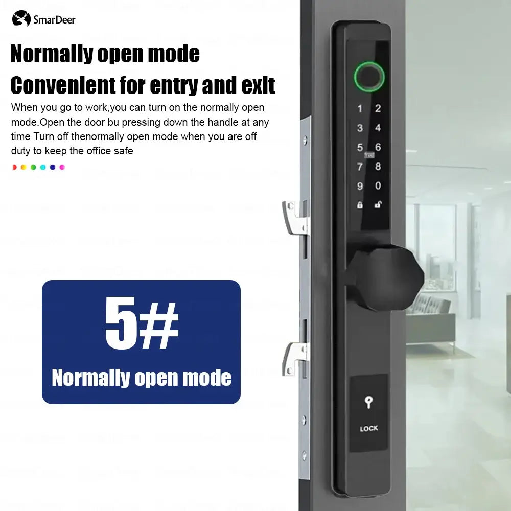 SmarDeer electronic door lock in normally open mode for convenient entry and exit with keypad access.