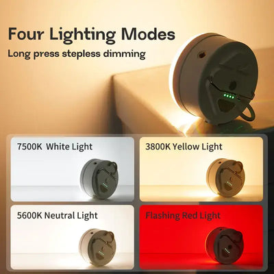 Mini LED camping lantern showcasing four lighting modes: white, yellow, neutral, and flashing red light.