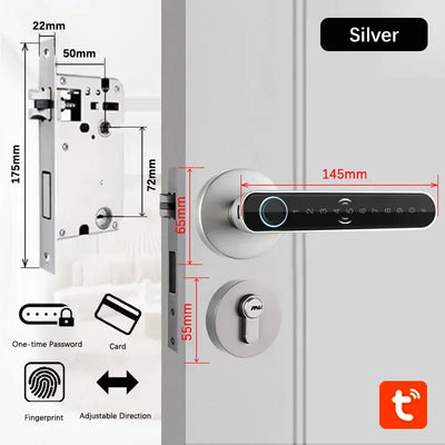 Smart fingerprint door lock handle with digital keypad and card access, dimensions and features displayed, silver finish.