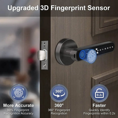 Upgraded 3D fingerprint sensor electronic door lock handle with 360° recognition and quick identification features.