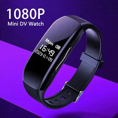 1080P Mini DV Watch shown against a purple background, featuring digital display and sleek design for wearable recording.