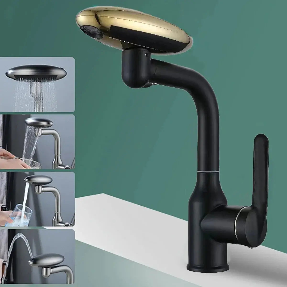 Multi-functional waterfall basin faucet with 4 water outlet modes and 360° rotation, perfect for bathroom sinks.