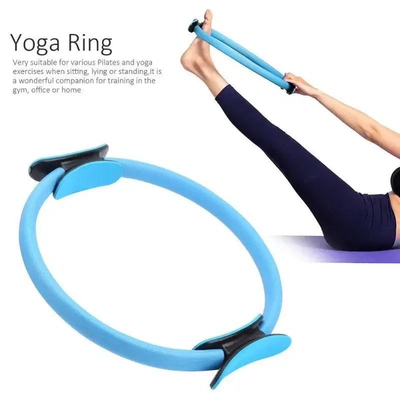 Blue yoga ring ideal for Pilates and yoga exercises, perfect for home or gym workouts.
