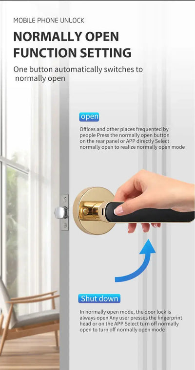 Smart fingerprint door lock handle with mobile phone unlock function for keyless entry and easy access.
