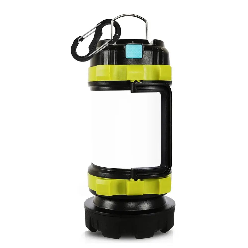 Rechargeable LED camping lantern with waterproof design and power bank feature, ideal for hiking and emergency use.
