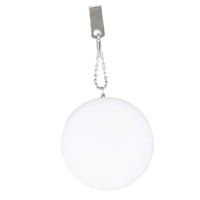 White round decorative light keychain with a clip and chain for handbags and purses.
