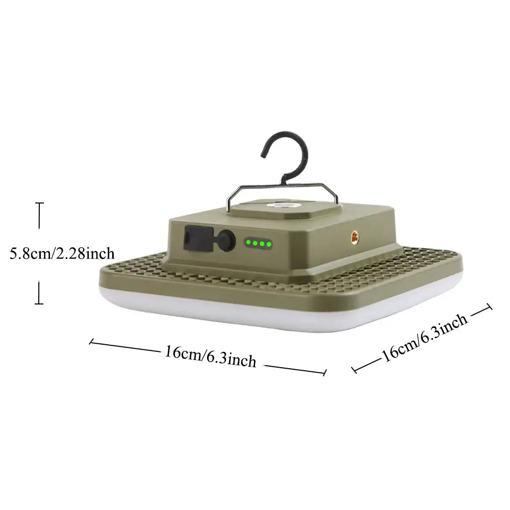 18000mAh portable LED camping lantern with hook, USB charging port, and battery level indicators, dimensions 16cm x 5.8cm.