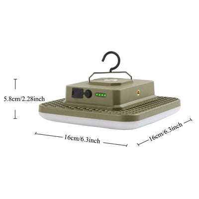 18000mAh portable LED camping lantern with hook, USB charging port, and battery level indicators, dimensions 16cm x 5.8cm.