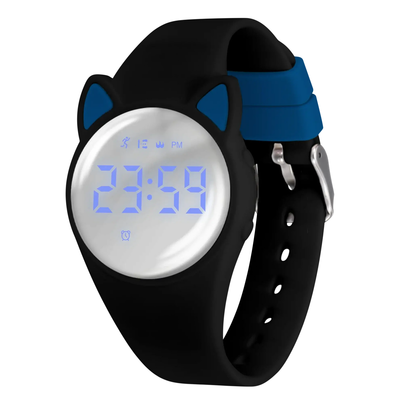 Digital sport watch for kids with cat ears design, featuring blue LED display and silicone band.