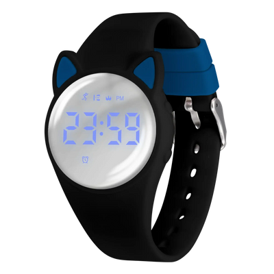 Digital sport watch for kids with cat ears design, featuring blue LED display and silicone band.