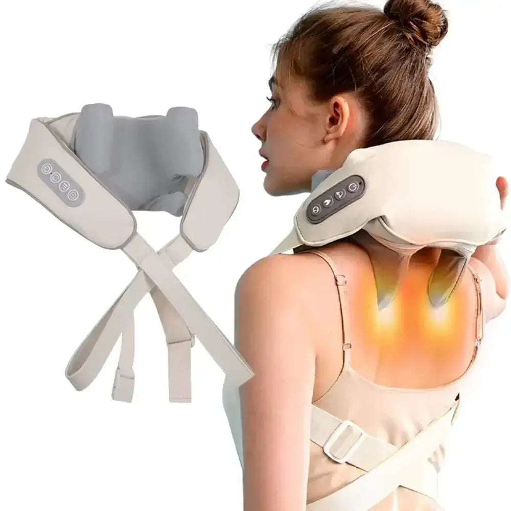 Neck shoulder massager featuring deep tissue Shiatsu massage with kneading and squeeze function for muscle relaxation.