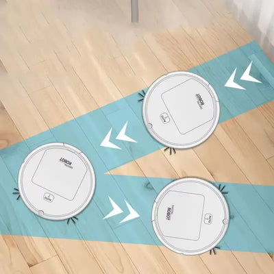 Three robotic vacuum cleaners efficiently cleaning a wooden floor with mopping function in action.