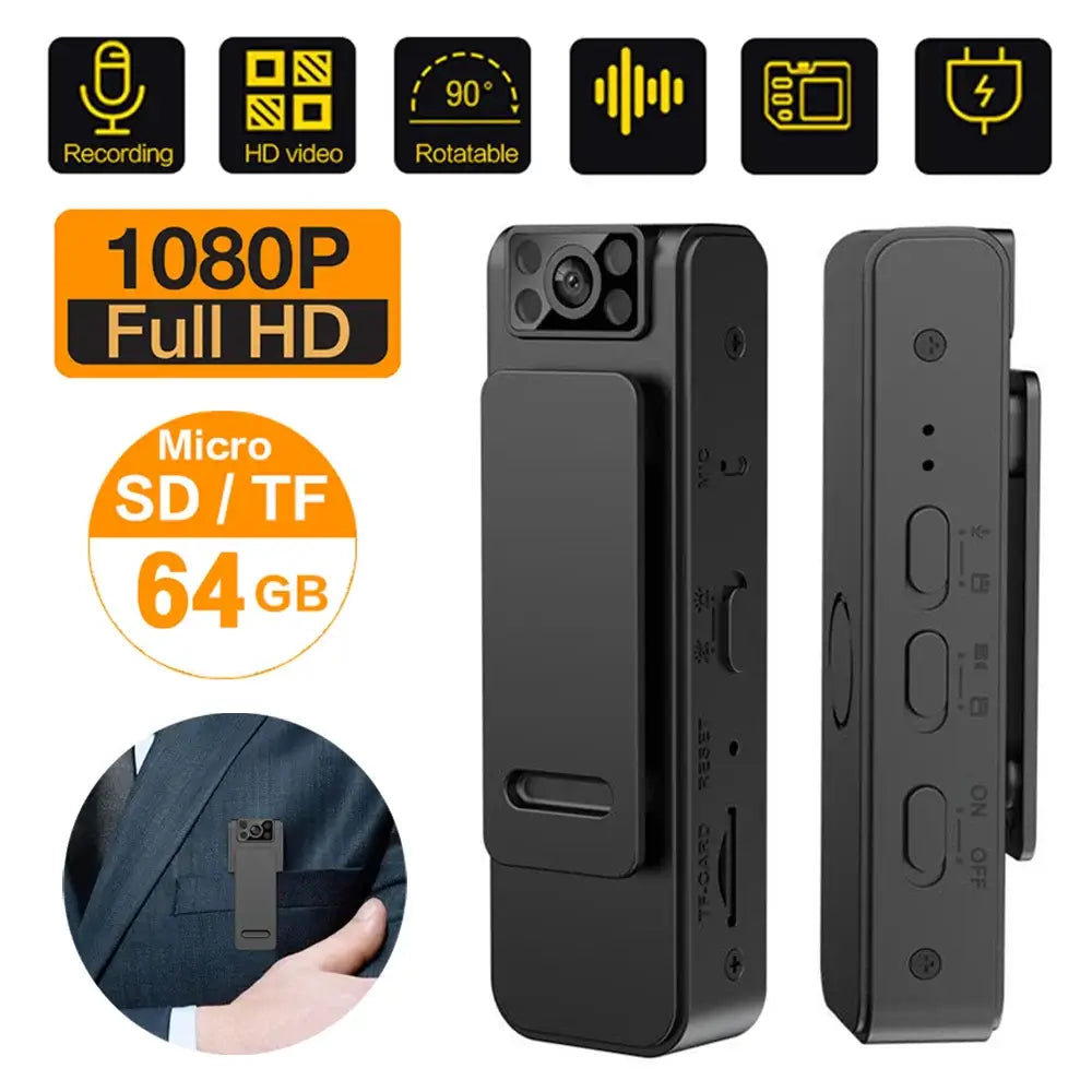 Mini body camera video recorder with HD 1080P, Micro SD support, rotatable design for security and law enforcement use.