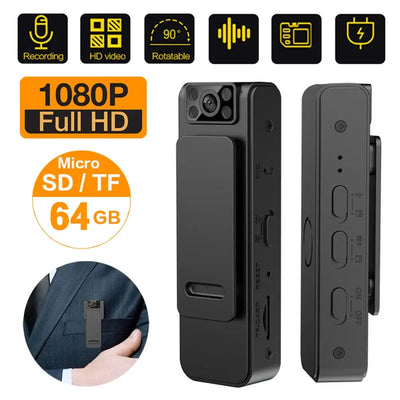 Mini body camera video recorder with HD 1080P, Micro SD support, rotatable design for security and law enforcement use.