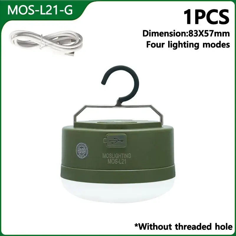 MOSLIGHTING Mini LED camping lantern in green, USB rechargeable, four lighting modes for outdoor use.