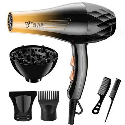 Professional hair dryer with attachments including diffuser, concentrator, and combs for salon-quality hair styling.