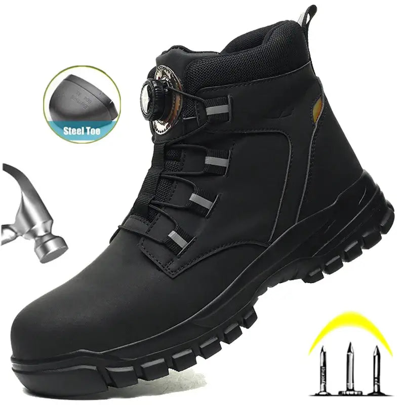 Rotating button men's work safety shoes – waterproof, anti-puncture sneakers with steel toe, non-slip tactical boot