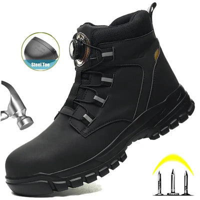 Rotating button men's work safety shoes – waterproof, anti-puncture sneakers with steel toe, non-slip tactical boot