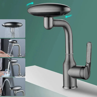 Multi-functional basin faucet with 360° rotation and multiple water flow modes, ideal for hot and cold water use.