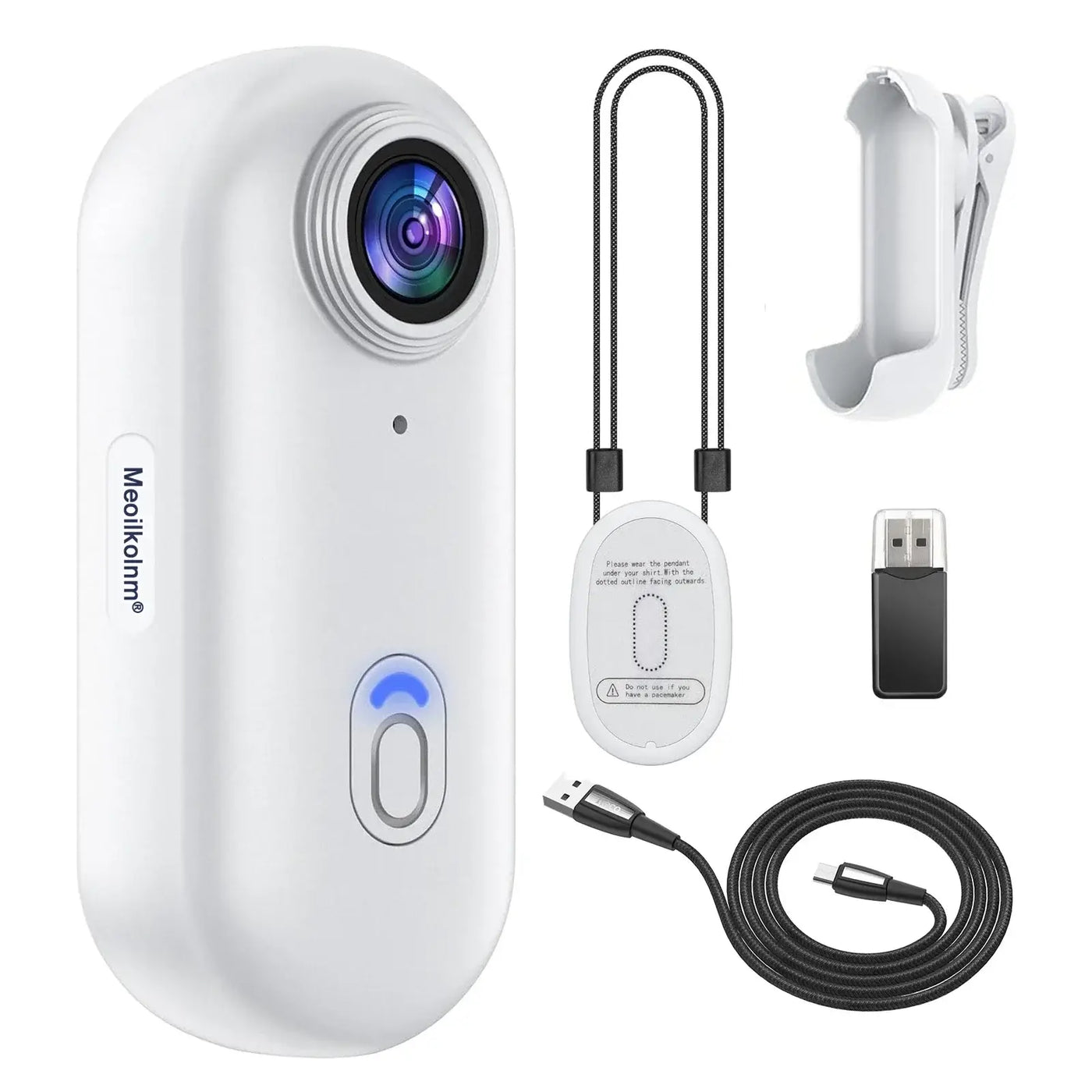 Action camera with USB cable, clip, and charging dock, designed for sports and outdoor activities.