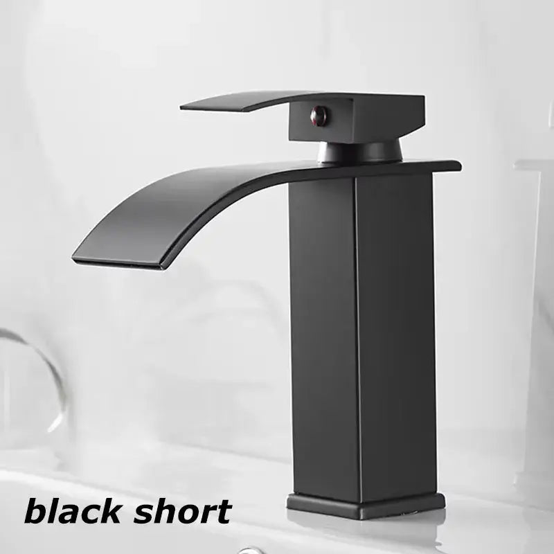 Modern black short waterfall sink faucet for bathroom, featuring a sleek design and single handle control.