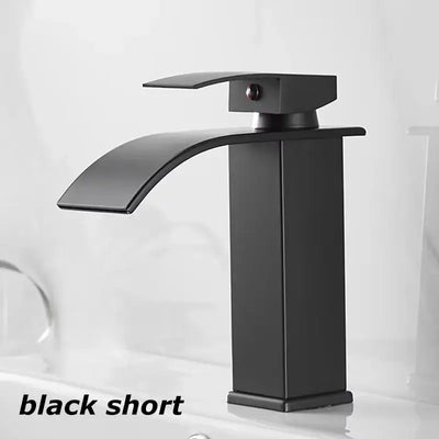 Modern black short waterfall sink faucet for bathroom, featuring a sleek design and single handle control.