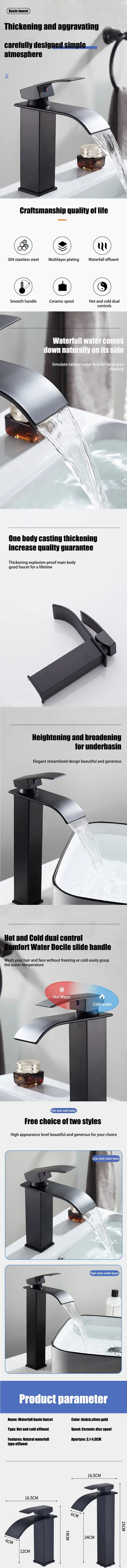 Waterfall sink faucet with dual control for hot and cold water; contemporary design and 304 stainless steel construction.