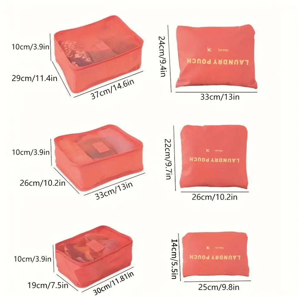 6pcs travel packing cubes in various sizes for organized luggage storage, ideal for clothes, shoes, and accessories.