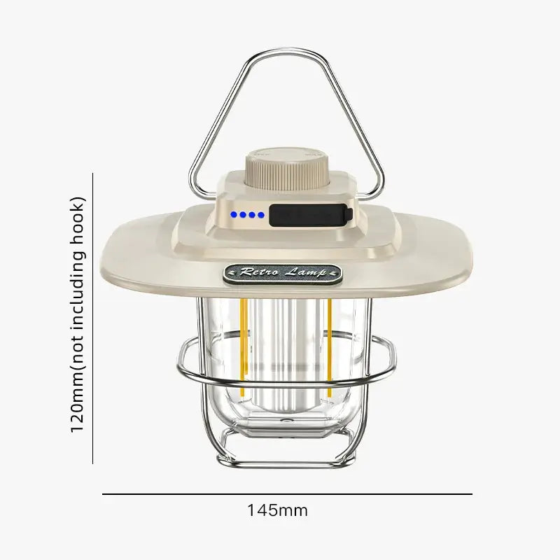 Retro portable LED camping lantern with rechargeable battery, stepless dimming, and hanging hook.