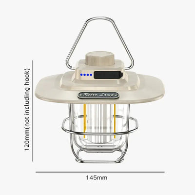 Retro portable LED camping lantern with rechargeable battery, stepless dimming, and hanging hook.
