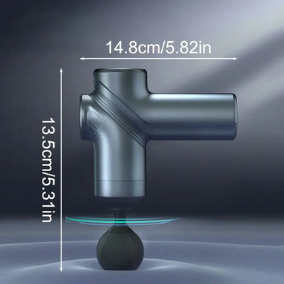 Deep tissue mini massage gun dimensions 14.8cm x 13.5cm, shown on a sleek background for athletes and fitness enthusiasts.