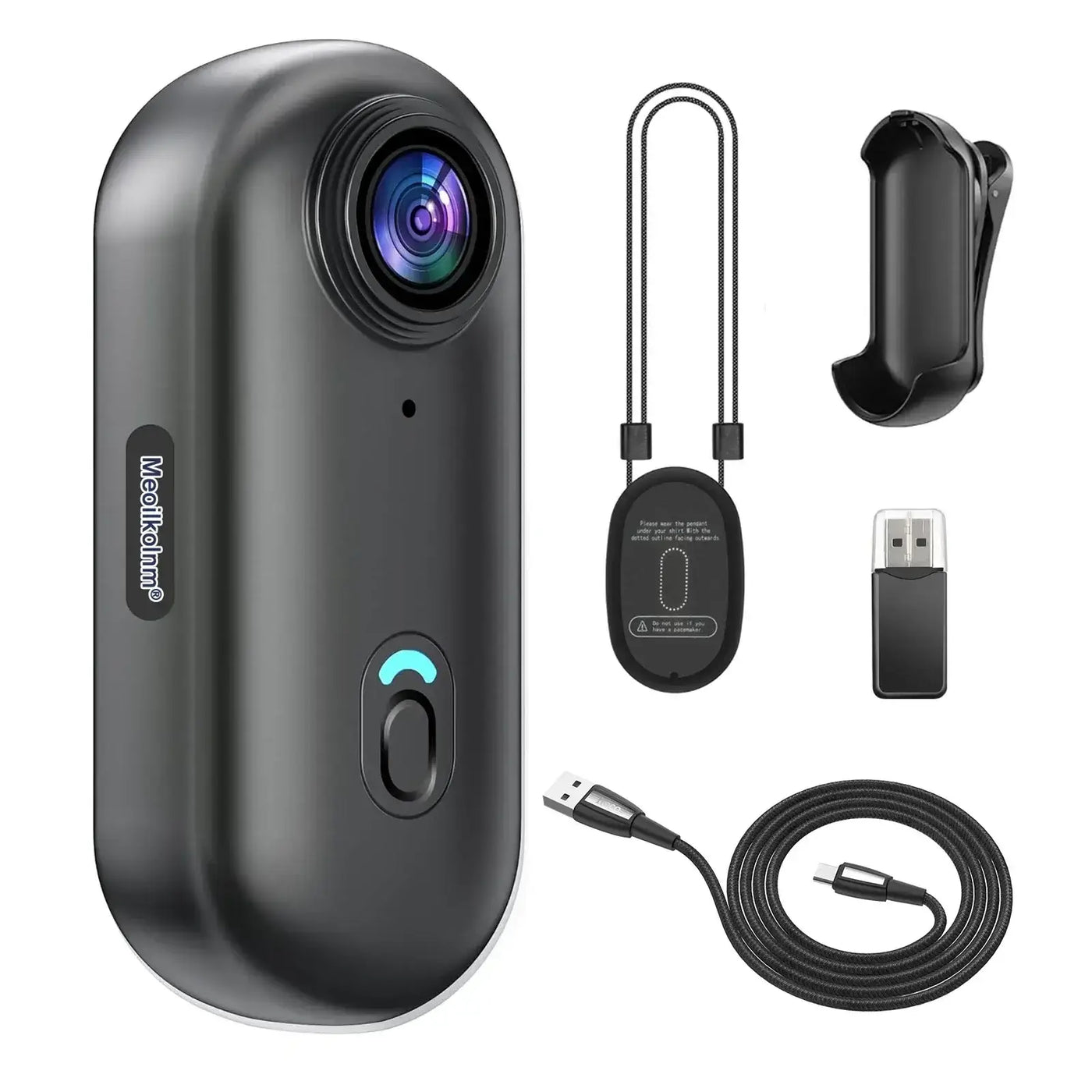 Compact waterproof action camera with accessories including USB cable and clip for outdoor sports and vlogging.